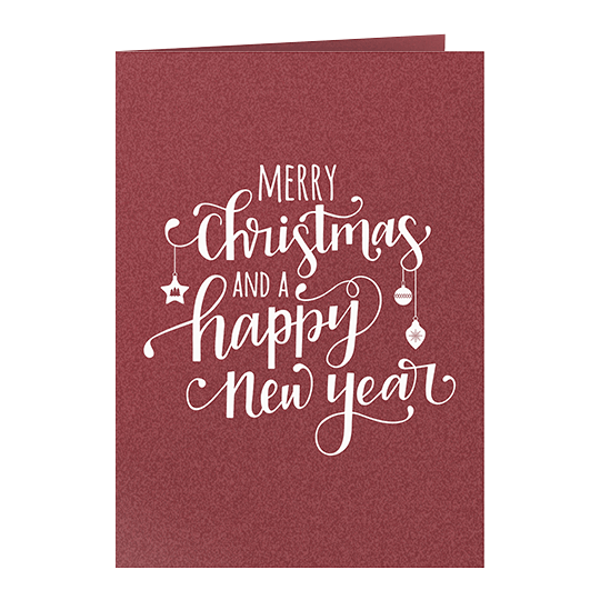 Merry Christmas and Happy New Year Vertical Folded Shimmer Holiday Cards